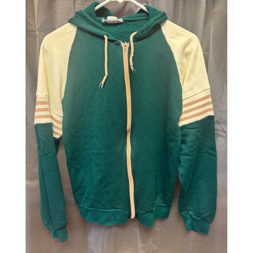Vintage 70s Action Jacket Men' Size Med Made In USA Green Beige Zip Hood Retro